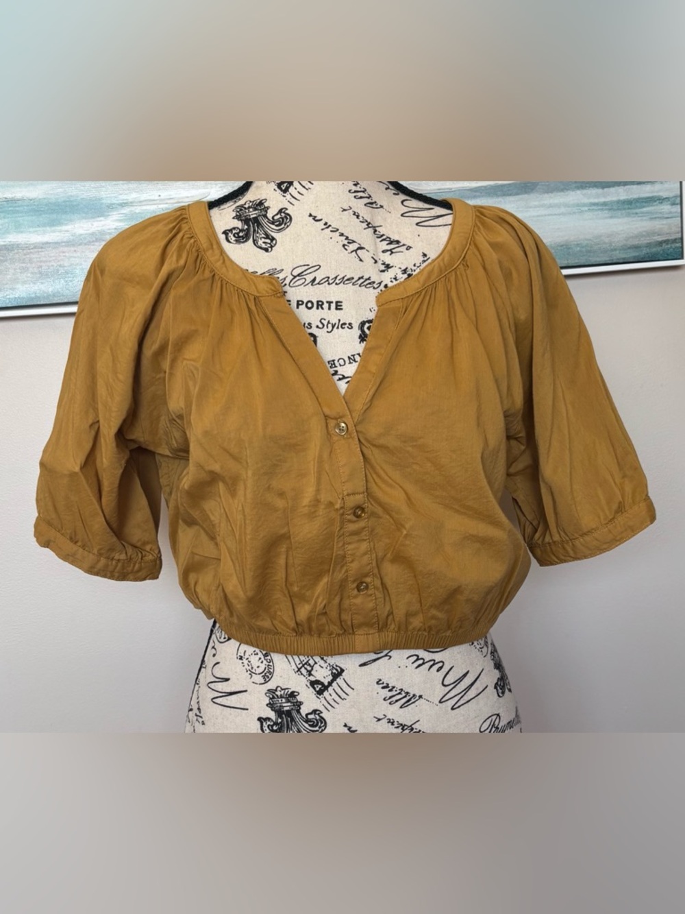 aerie Mustard Button-Front Puff Sleeve Top size xs